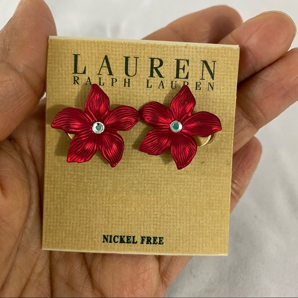 SOLD Ralph Lauren Red Poinsettia Stud Post Earrings Flower Christmas Detailed - Picture 4 of 4